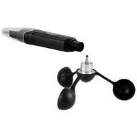 Ein schwarzes, dreischaliges Anemometer liegt neben einem schwarzen Messgerät. Das Anemometer misst Windgeschwindigkeit.